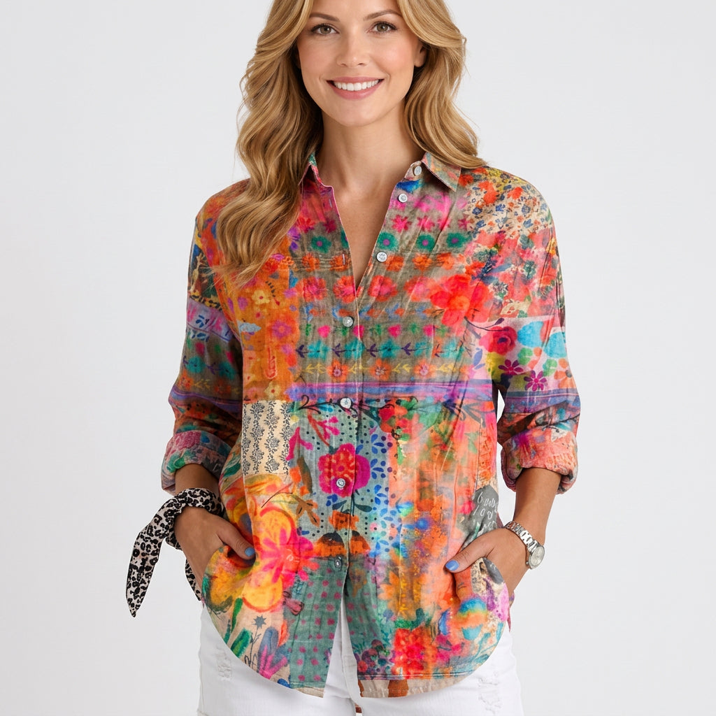 Women’s Printed Button Up Shirt – Long Sleeve Collared Blouse Style