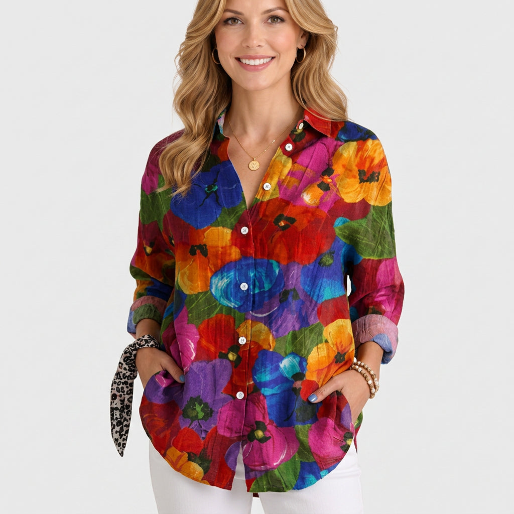 Women’s Printed Button Up Shirt – Long Sleeve Collared Blouse Style