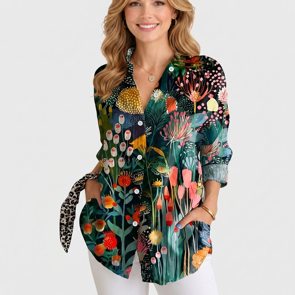 Women’s Printed Button Up Shirt – Long Sleeve Collared Blouse Style