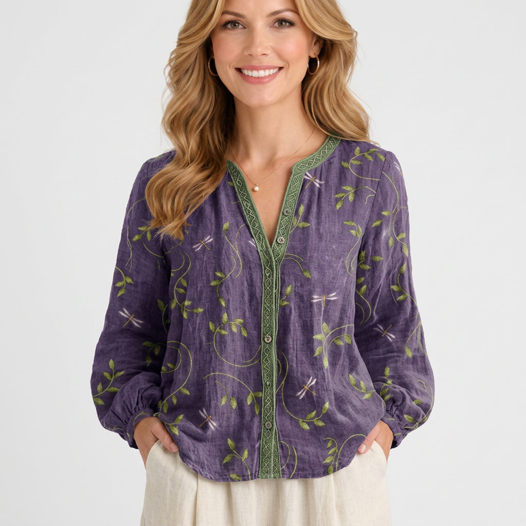 Women’s Printed Blouse – Long Sleeve Notch Neck Trim Detail Top