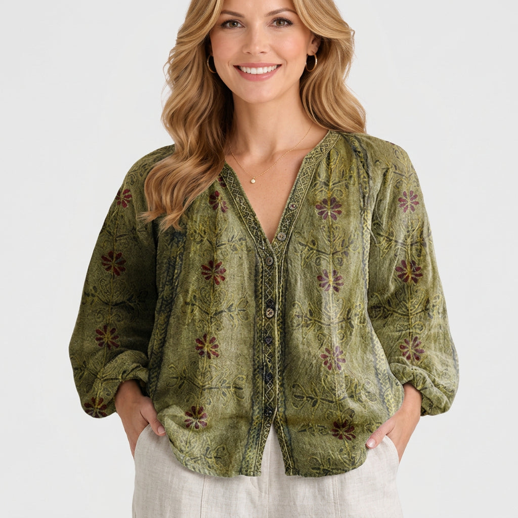 Women’s Printed Blouse – Long Sleeve Notch Neck Trim Detail Top