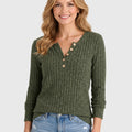 Women’s Ribbed Henley Top – Long Sleeve Button V Neck Style