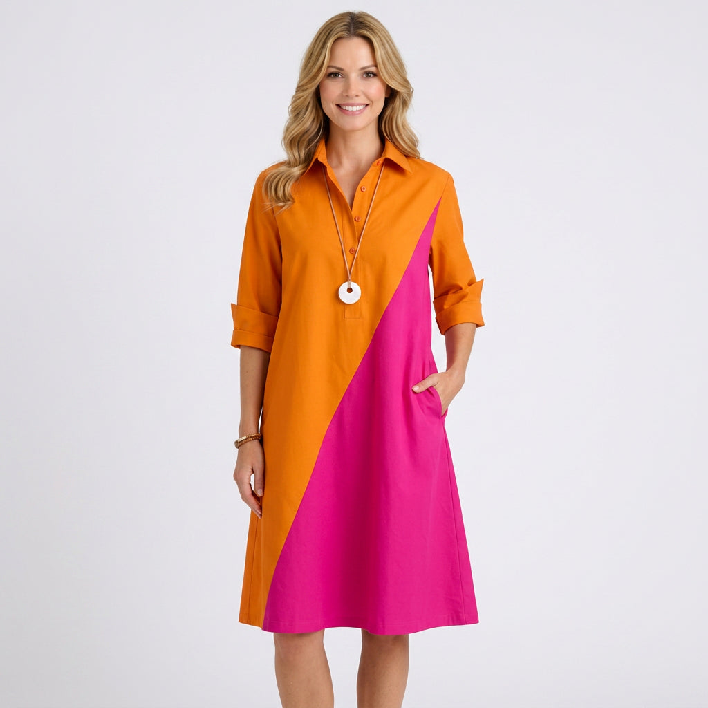 Women’s Shirt Midi Dress – Collared Half Placket Colorblock Style