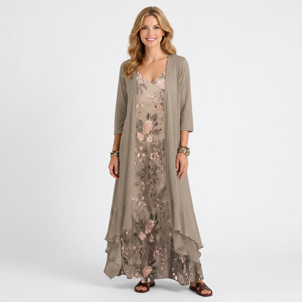 Women’s Floral Maxi Dress Set – V Neck Long Dress With Open Front Jacket