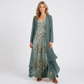 Women’s Floral Maxi Dress Set – V Neck Long Dress With Open Front Jacket