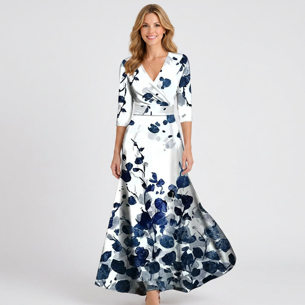 Women’s Wrap Maxi Dress – V Neck 3 4 Sleeve Printed Long Dress