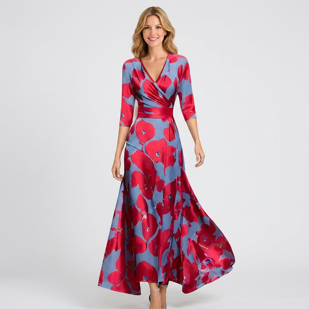 Women’s Wrap Maxi Dress – V Neck 3 4 Sleeve Printed Long Dress