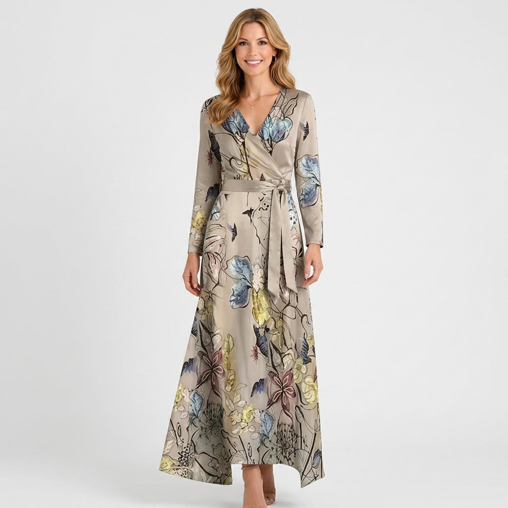 Women’s Wrap Maxi Dress – V Neck 3 4 Sleeve Printed Long Dress