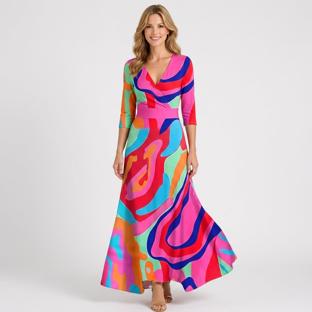 Women’s Wrap Maxi Dress – V Neck 3 4 Sleeve Printed Long Dress
