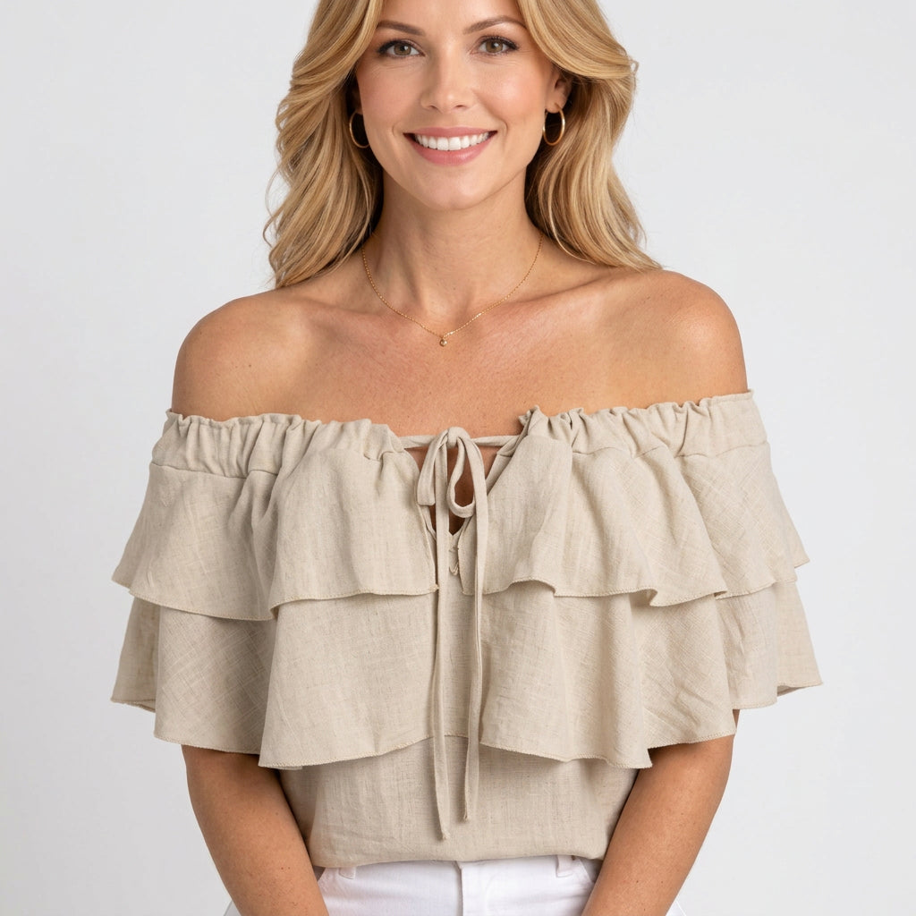 Blouse – Off Shoulder Ruffle Tie Front Style