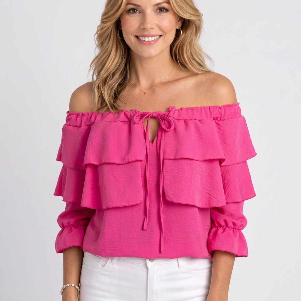 Blouse – Off Shoulder Ruffle Tie Front Style