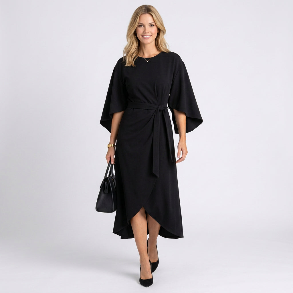 Midi Dress – Draped Waist Kimono Sleeve Elegant Style