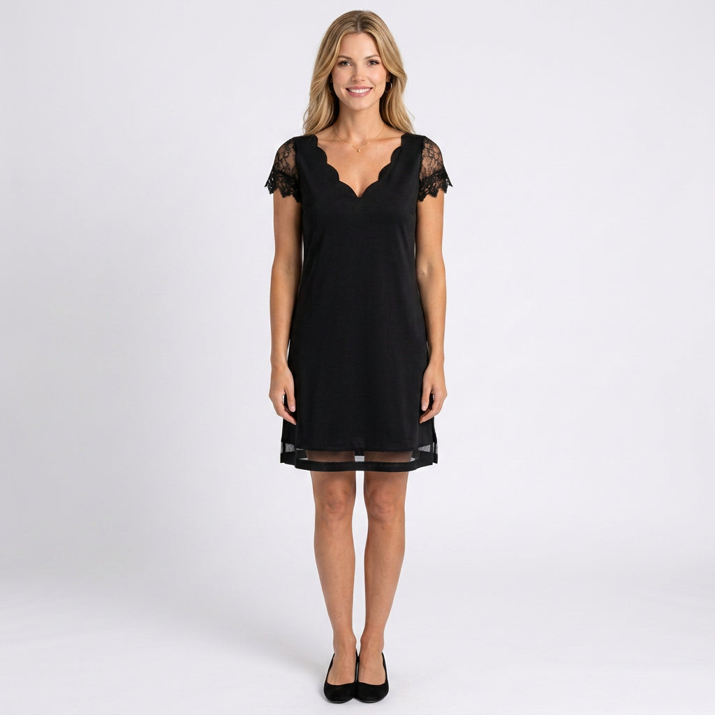 Mini Dress – Lace Sleeve Scalloped Neck Elegant Style