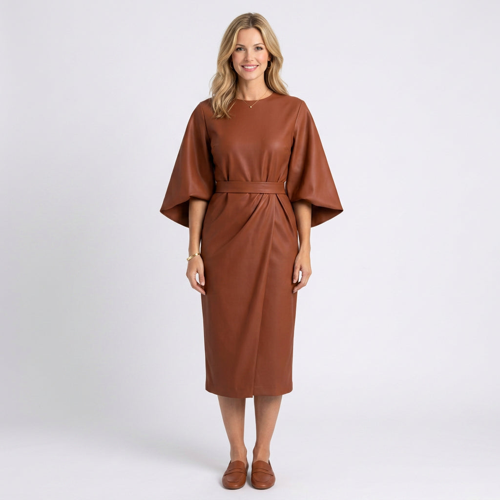 Midi Dress – Draped Waist Kimono Sleeve Elegant Style
