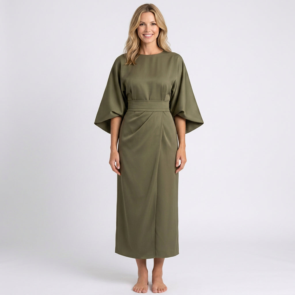 Midi Dress – Draped Waist Kimono Sleeve Elegant Style