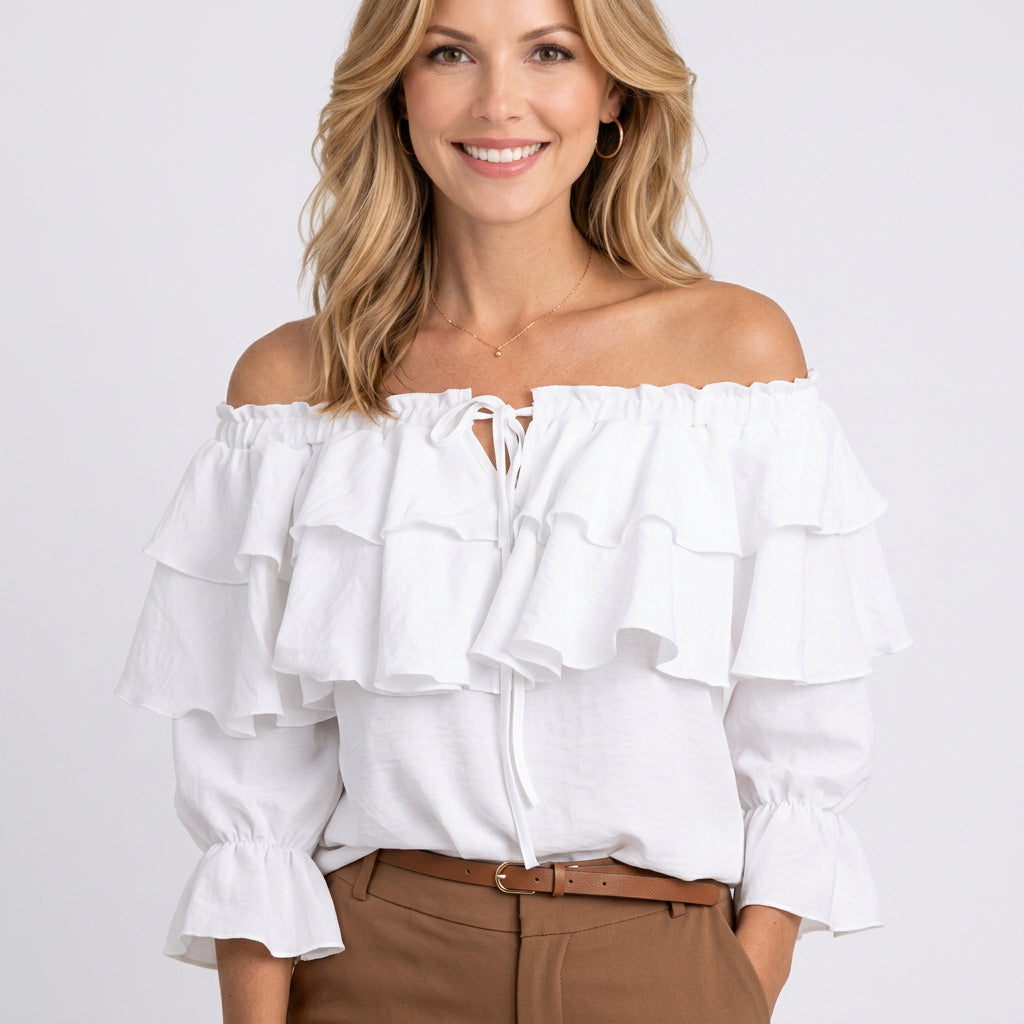 Blouse – Off Shoulder Ruffle Tie Front Style
