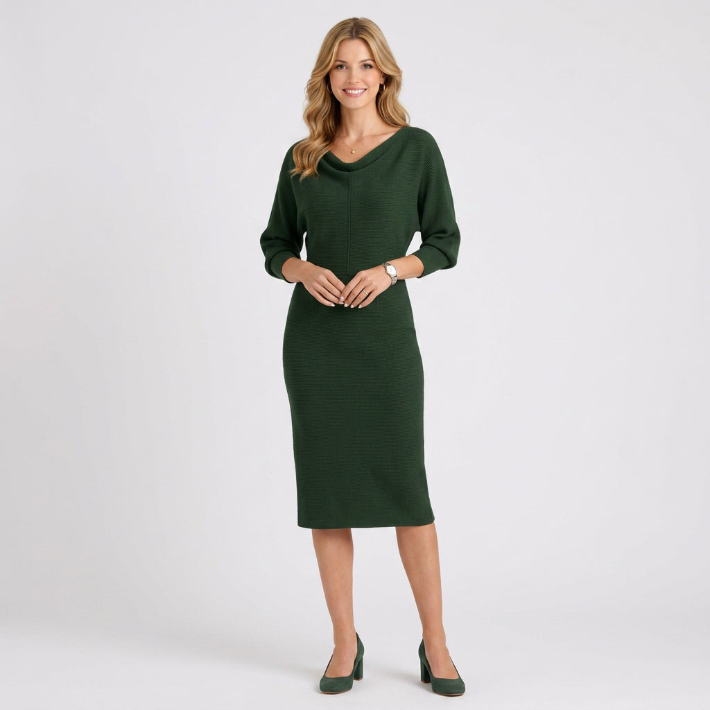 Knitted Midi Dress – Cowl Neck Long Sleeve Style