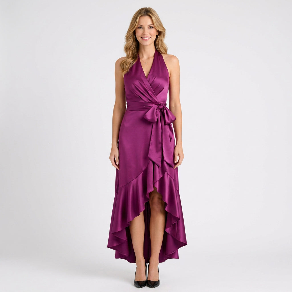 Halter Neck Wrap Midi Dress – Tie Waist Hi Lo Style