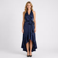 Halter Neck Wrap Midi Dress – Tie Waist Hi Lo Style