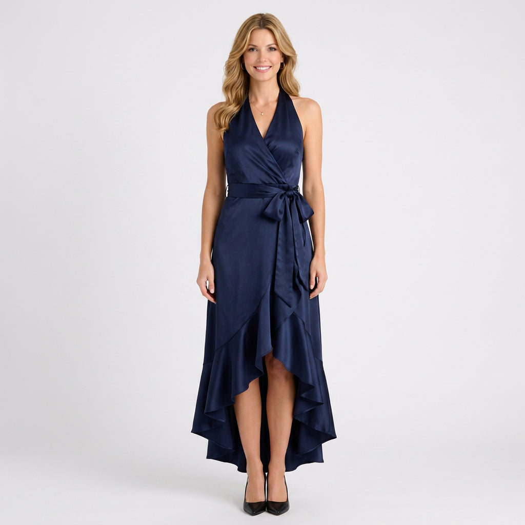 Halter Neck Wrap Midi Dress – Tie Waist Hi Lo Style