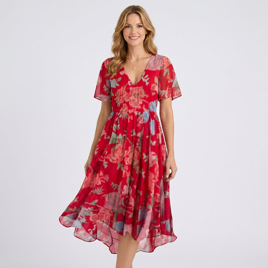 Printed Wrap Midi Dress – V-Neck Tie Waist Style