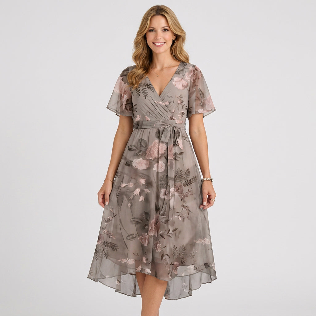 Printed Wrap Midi Dress – V-Neck Tie Waist Style