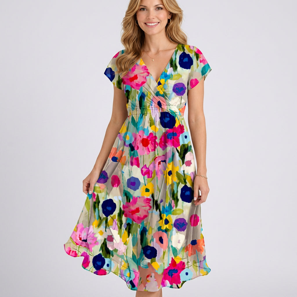 Printed Wrap Midi Dress – V-Neck Tie Waist Style