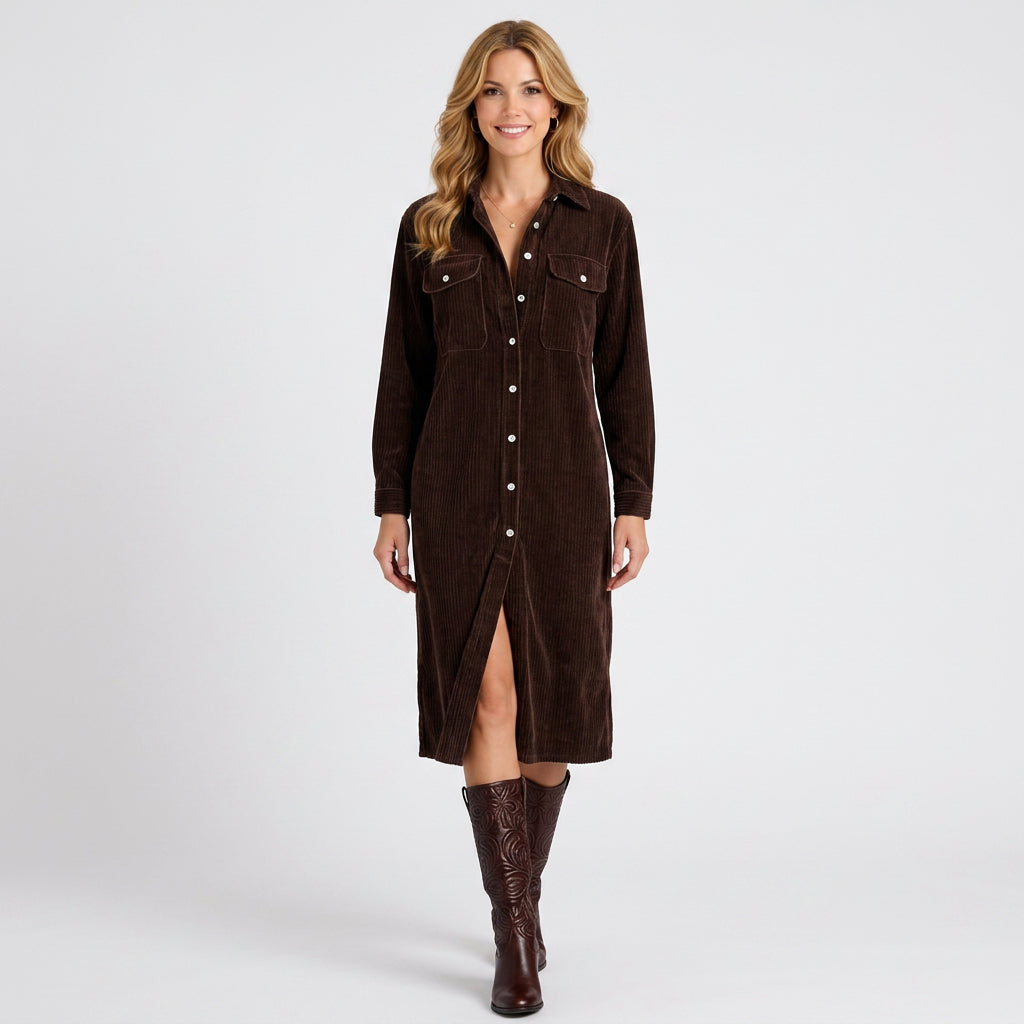 Button Front Midi Shirt Dress – Collared Pocket Detail Style