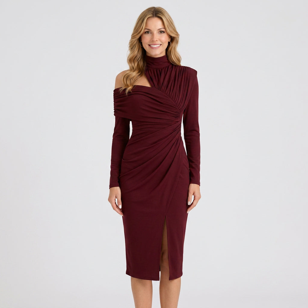Asymmetric Midi Dress – Ruched High Neck Occasion Style
