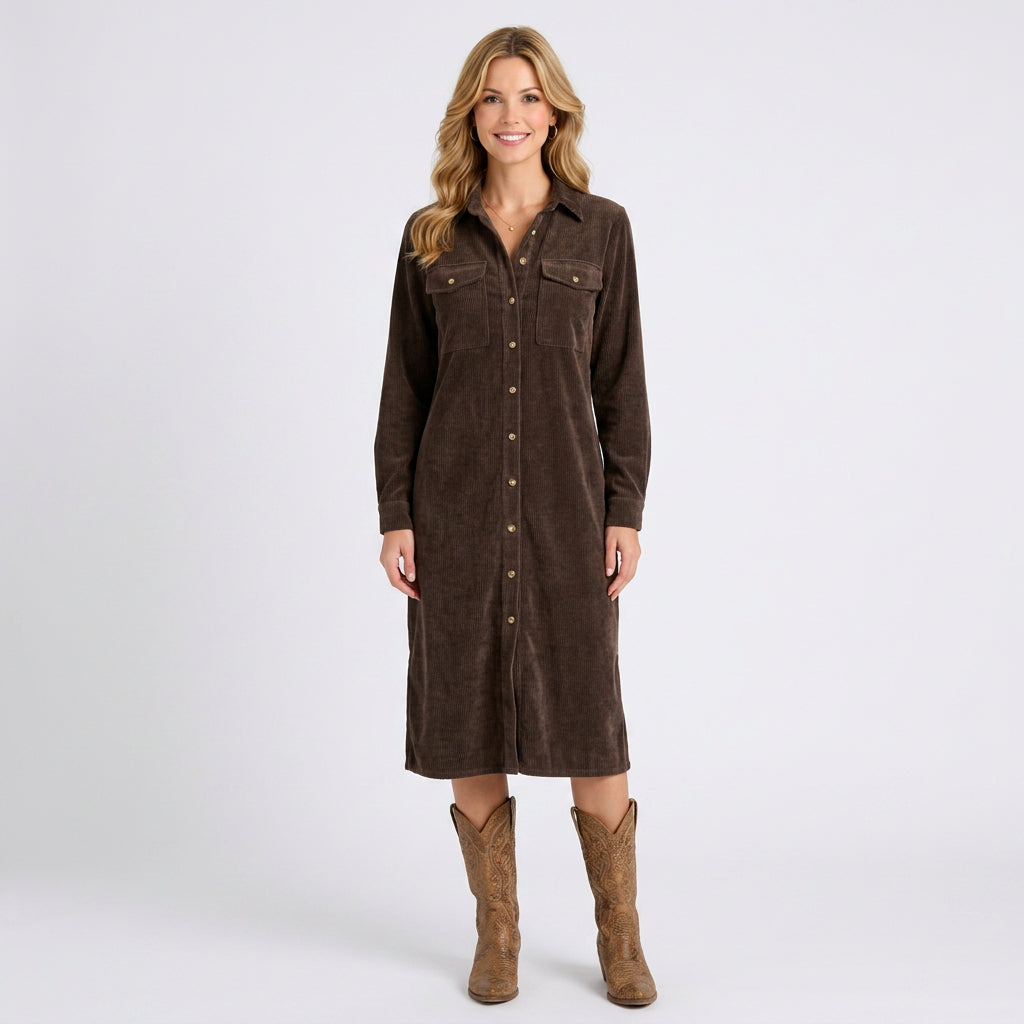 Button Front Midi Shirt Dress – Collared Pocket Detail Style