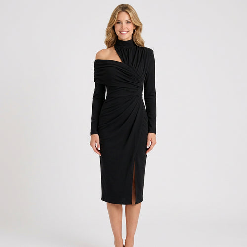 Asymmetric Midi Dress – Ruched High Neck Occasion Style