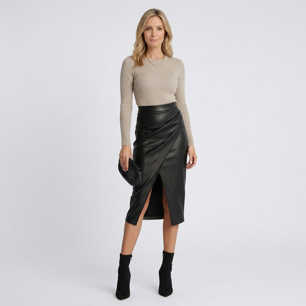 Faux Leather Midi Skirt – High Waist Draped Split Style