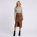 Faux Leather Midi Skirt – High Waist Draped Split Style