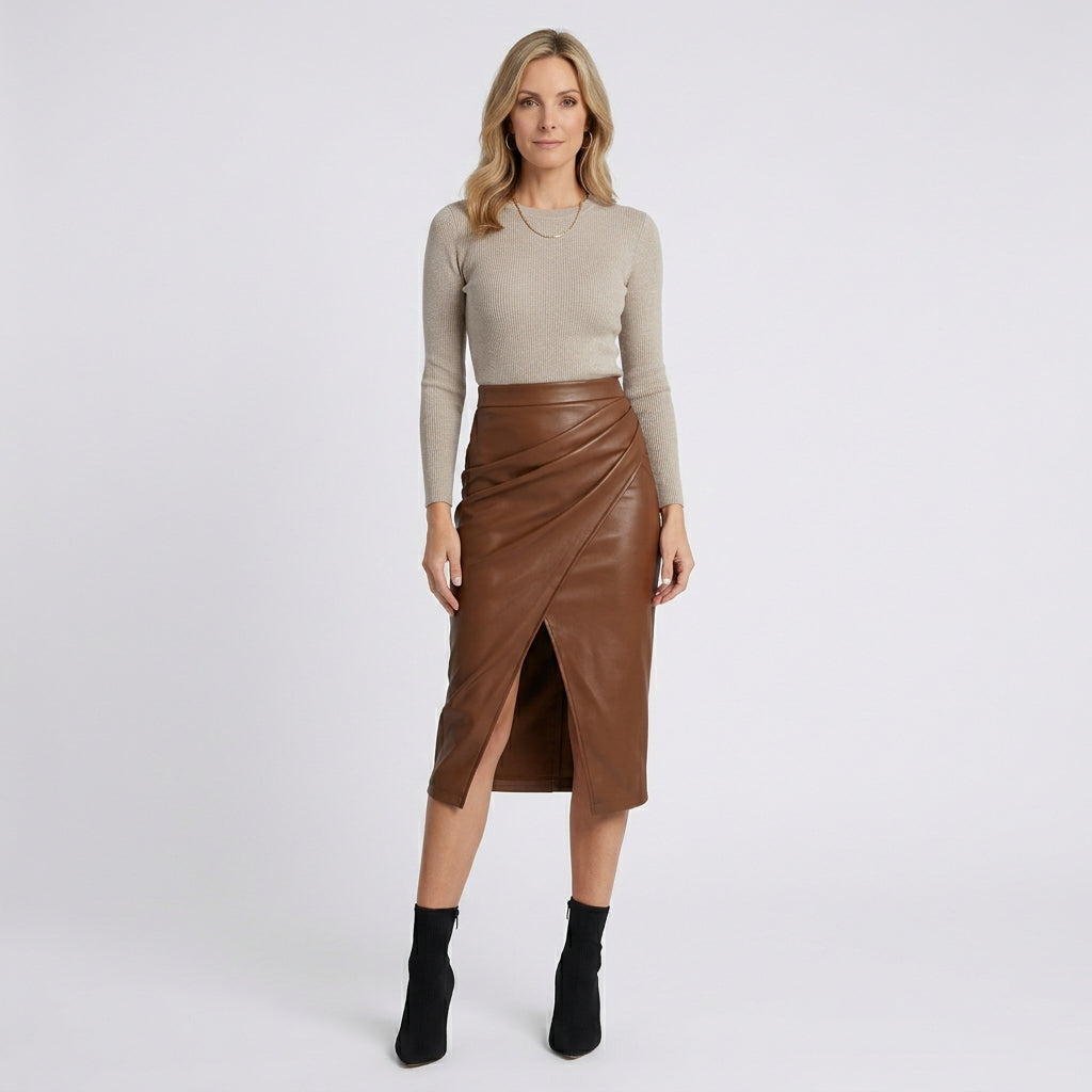 Faux Leather Midi Skirt – High Waist Draped Split Style
