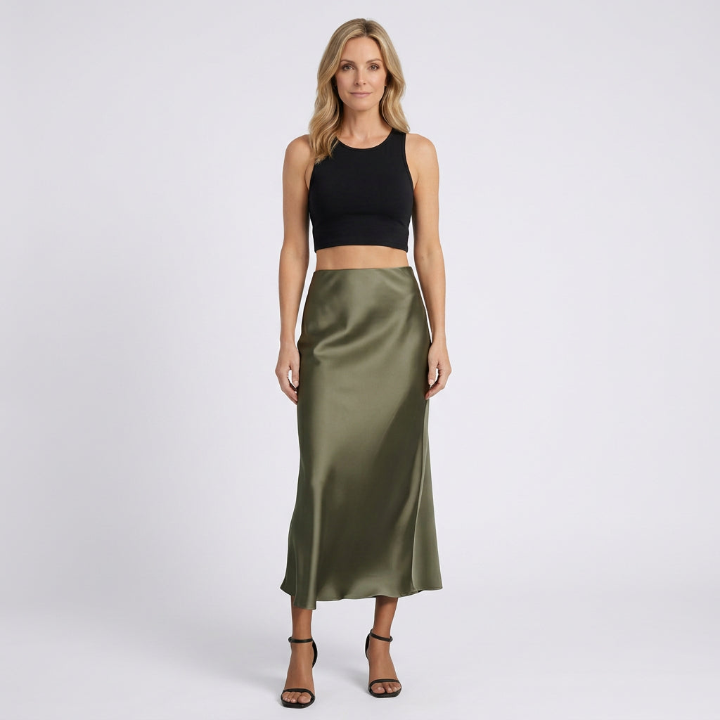 Satin Midi Skirt – High Waist Slip Style