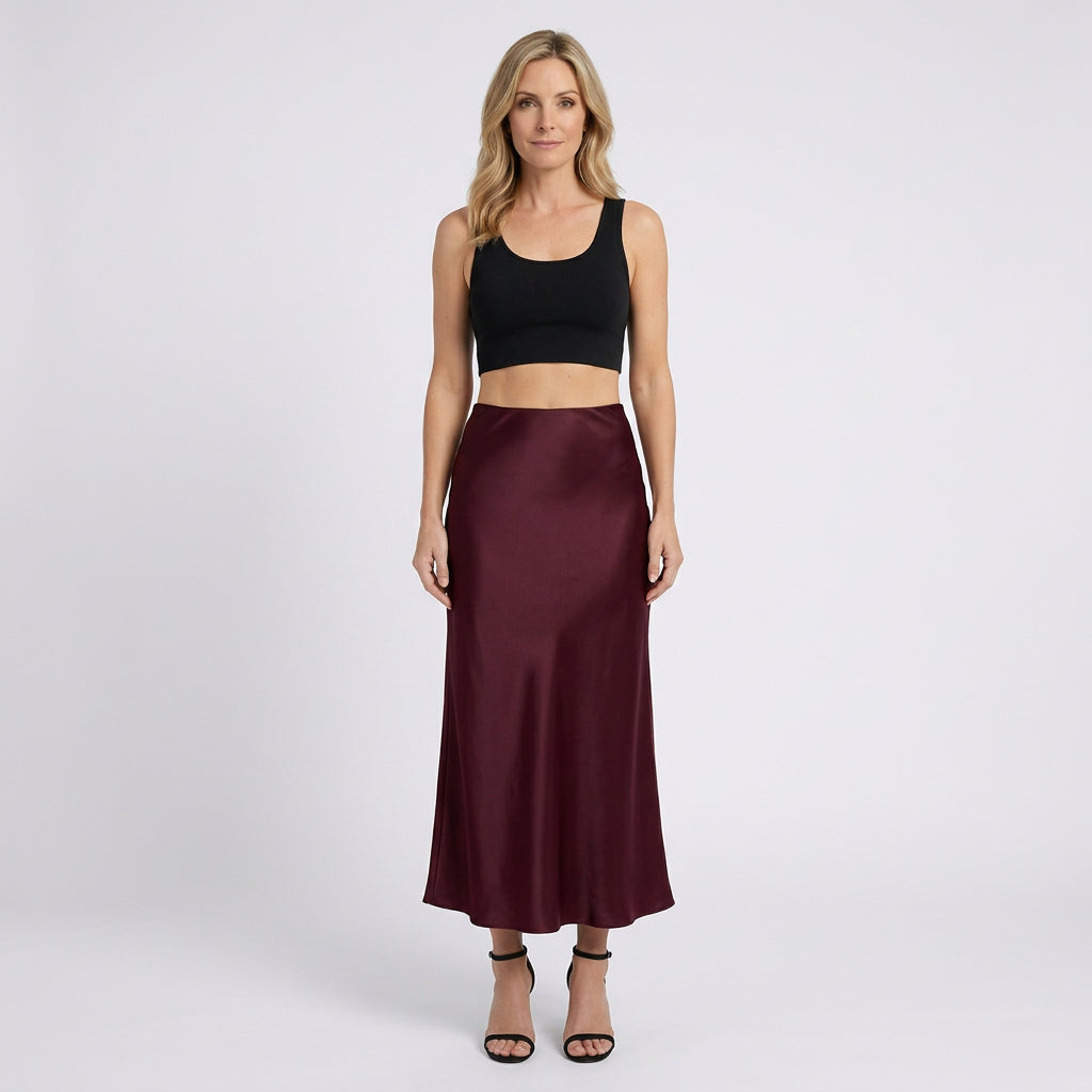 Satin Midi Skirt – High Waist Slip Style