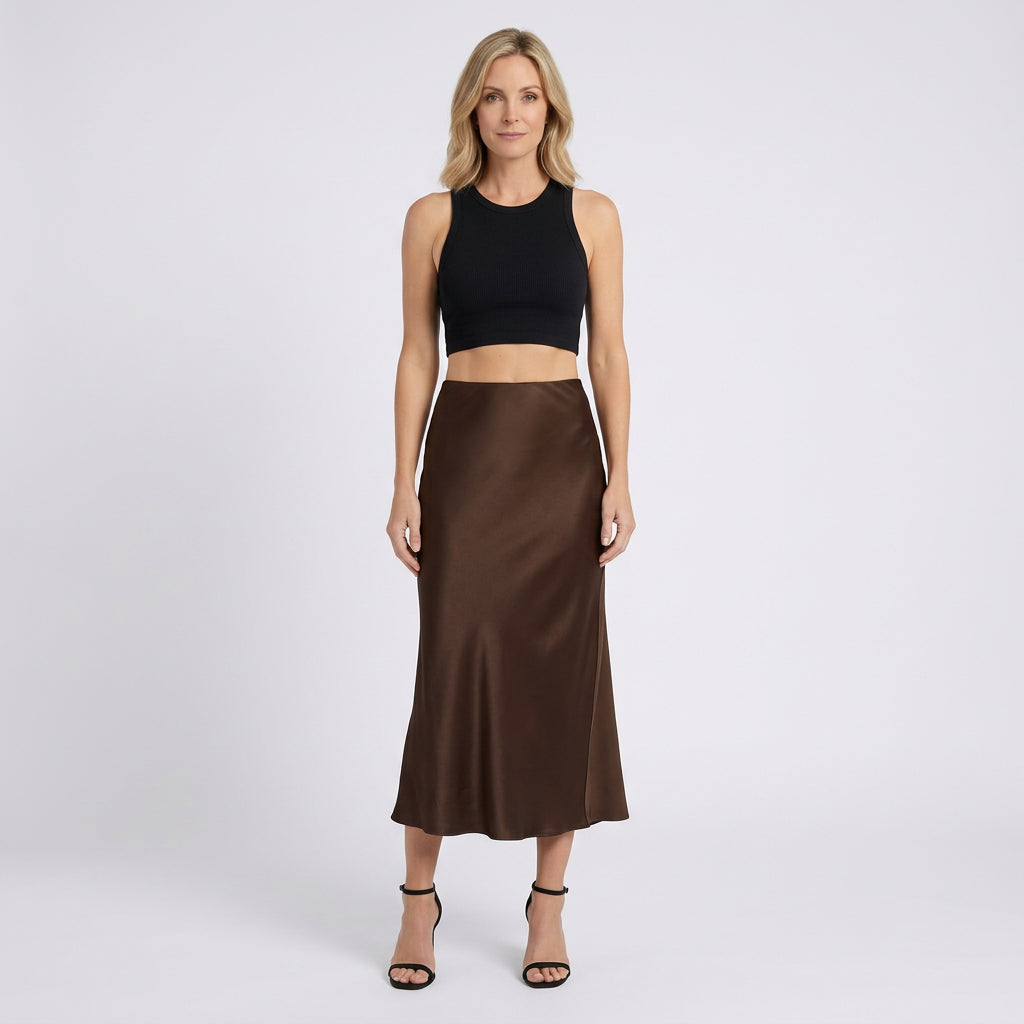 Satin Midi Skirt – High Waist Slip Style