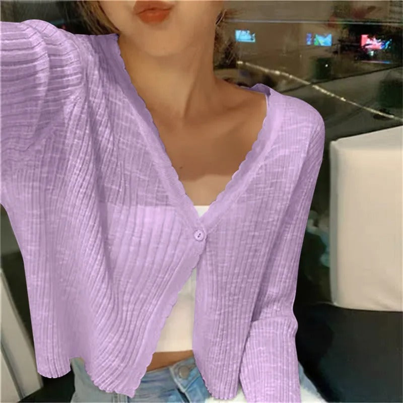Ribbed Knit V-Neck Cropped Button Cardigan