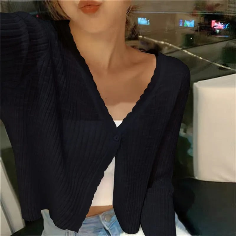 Ribbed Knit V-Neck Cropped Button Cardigan
