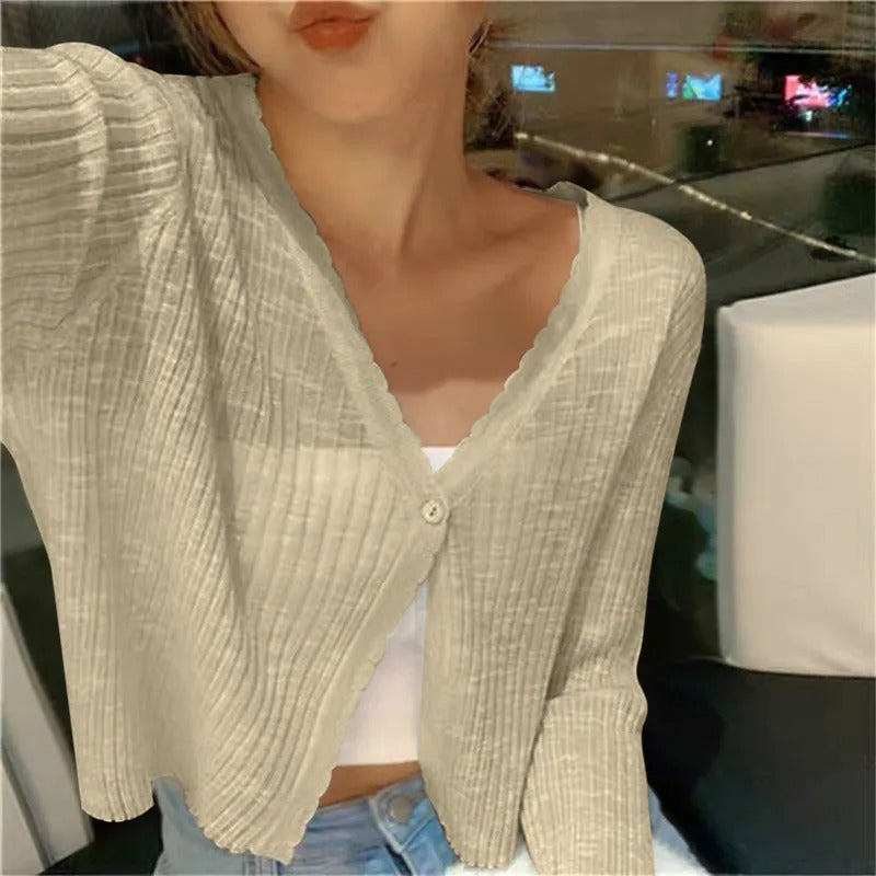 Ribbed Knit V-Neck Cropped Button Cardigan
