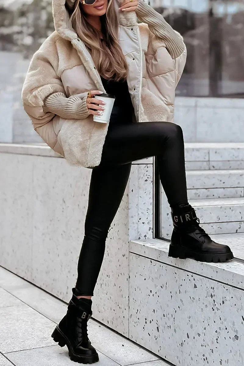 Women's Oversized Faux Fur Patchwork Hooded Puffer Jacket