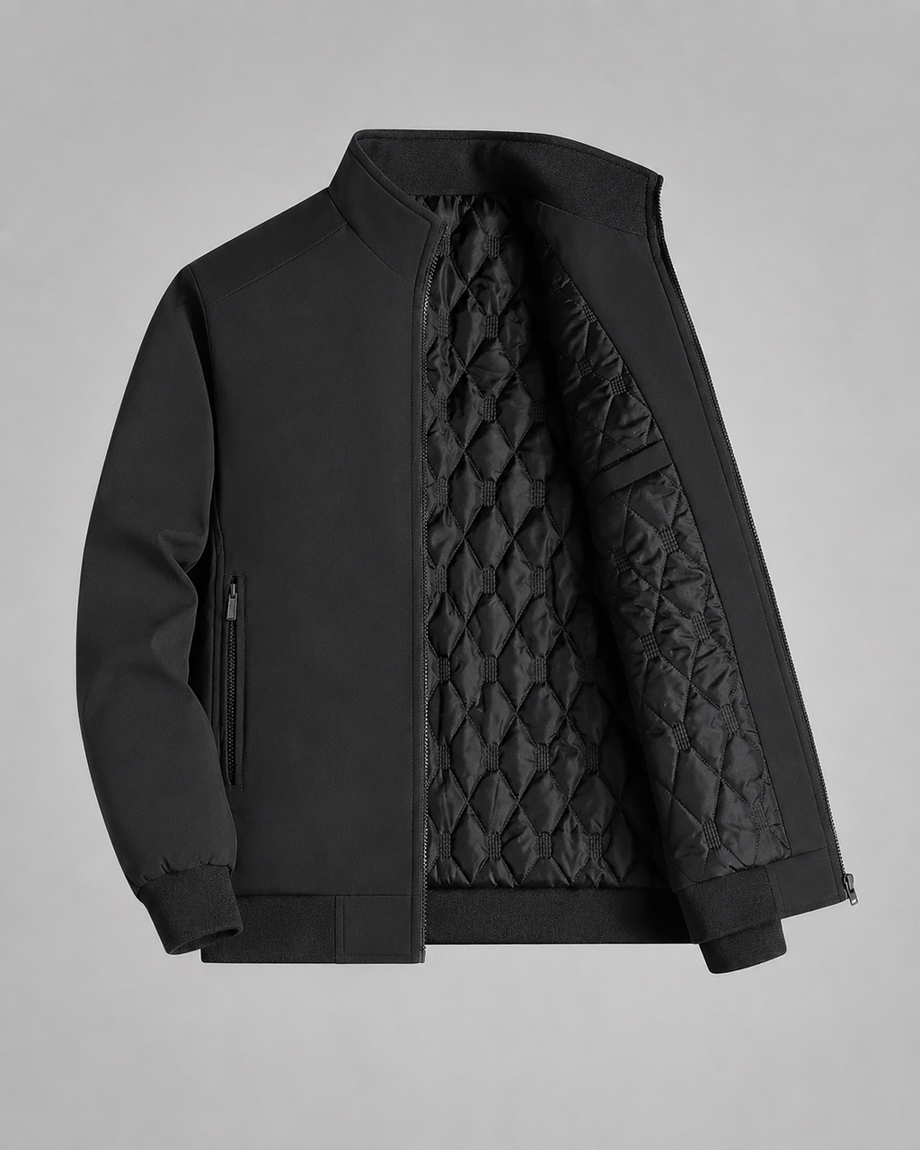 Men's solid stand collar bomber jacket with quilted lining and zipped pockets
