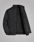 Men's solid stand collar bomber jacket with quilted lining and zipped pockets