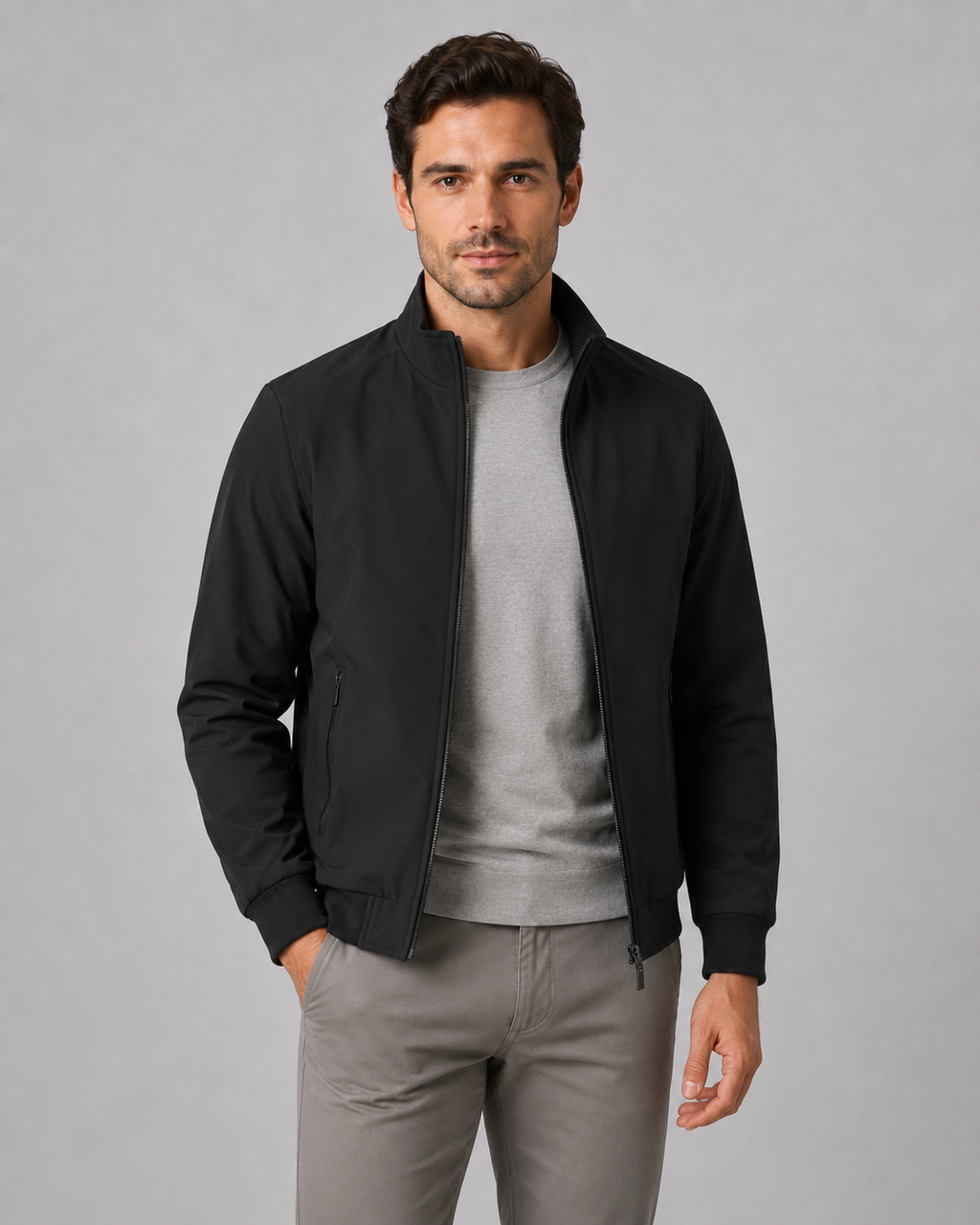 Men's solid stand collar bomber jacket with quilted lining and zipped pockets
