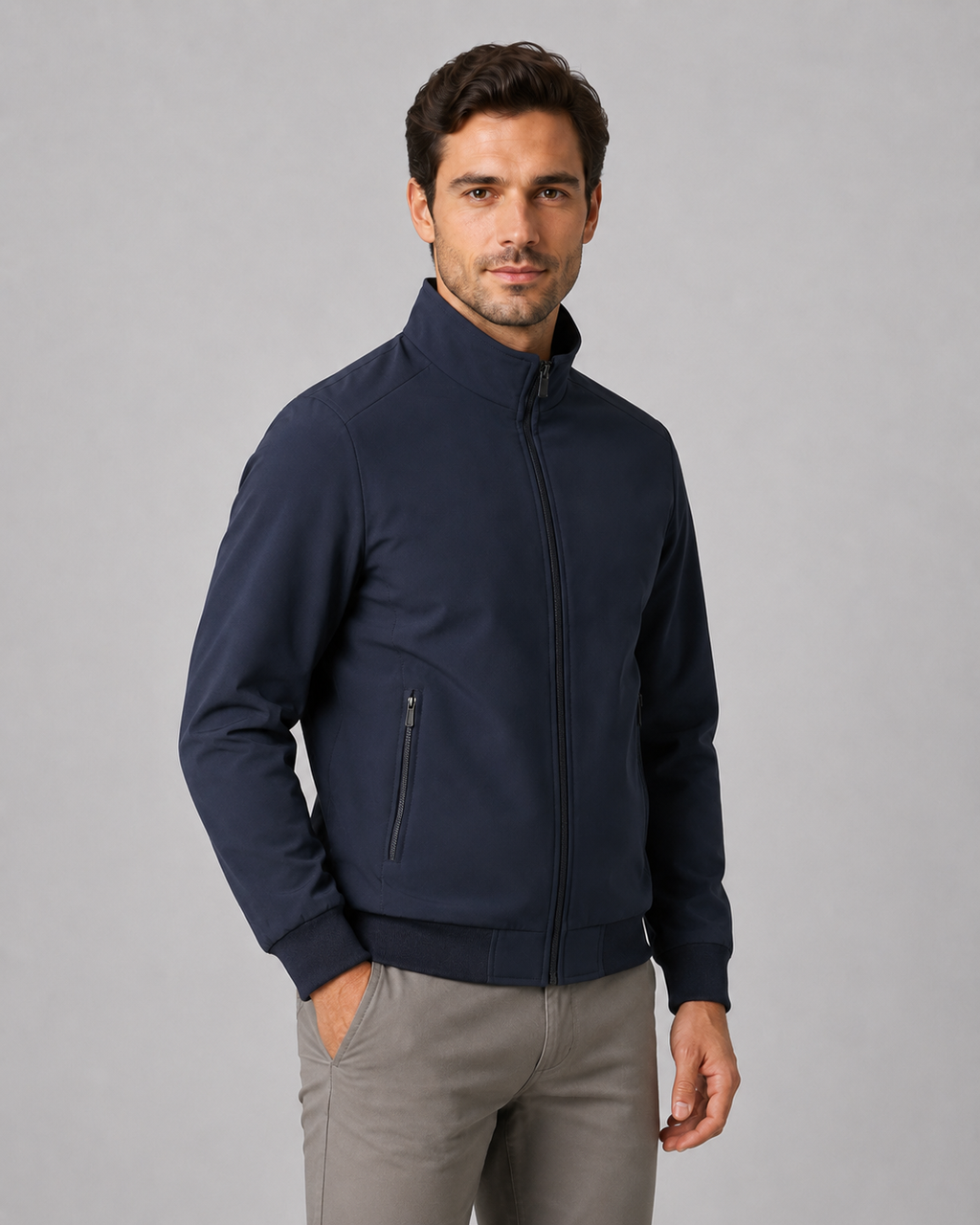 Men's solid stand collar bomber jacket with quilted lining and zipped pockets