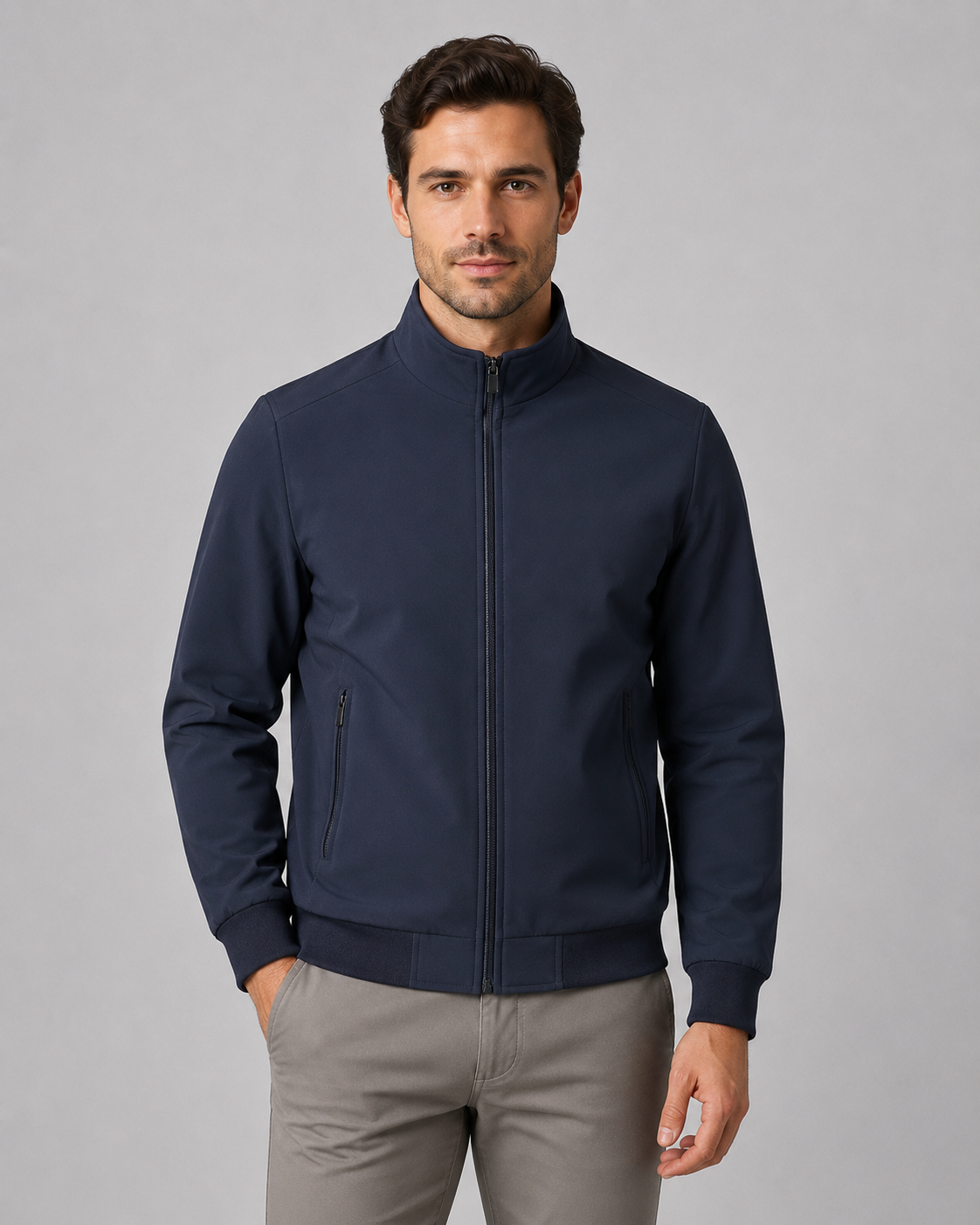 Men's solid stand collar bomber jacket with quilted lining and zipped pockets