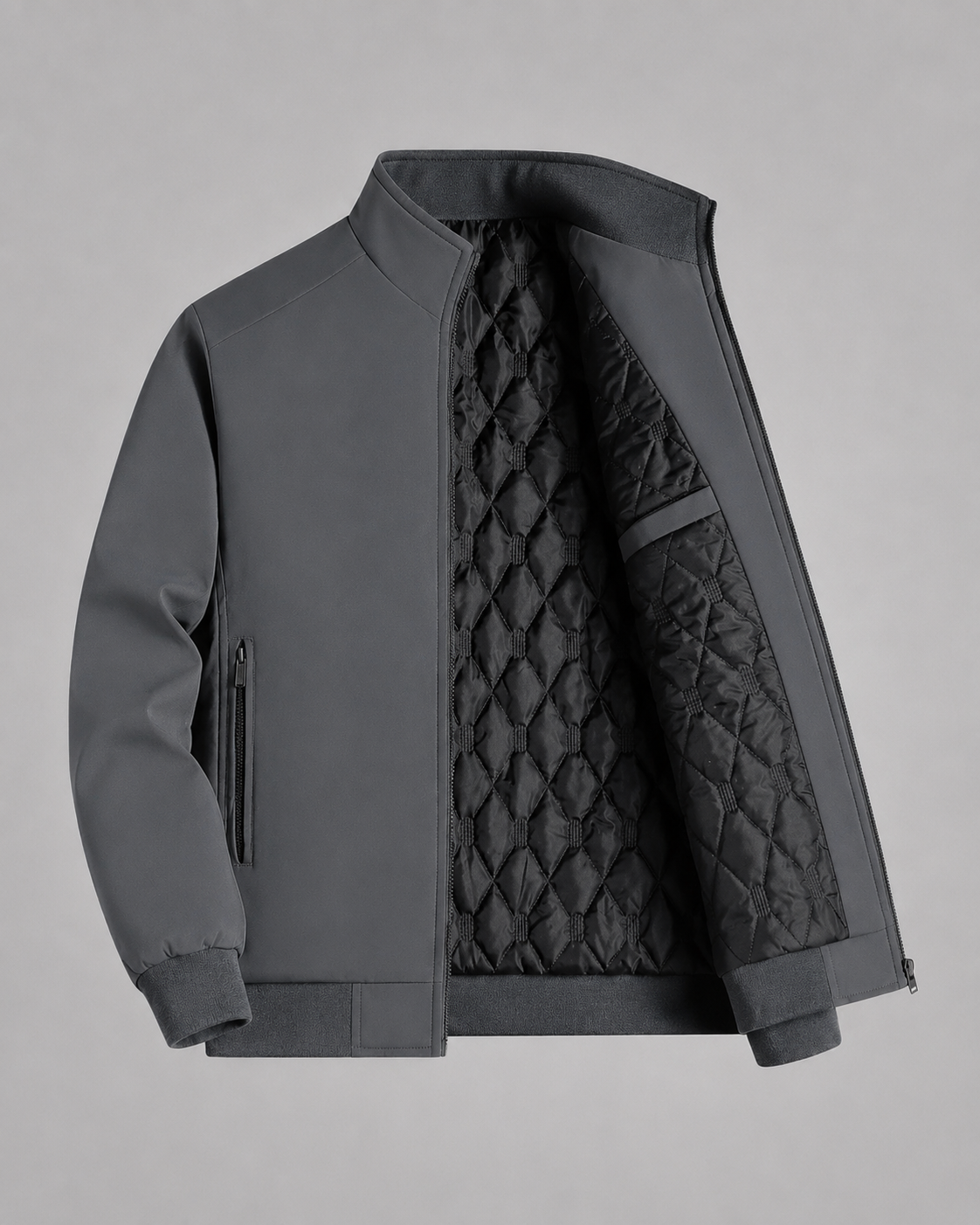 Men's solid stand collar bomber jacket with quilted lining and zipped pockets