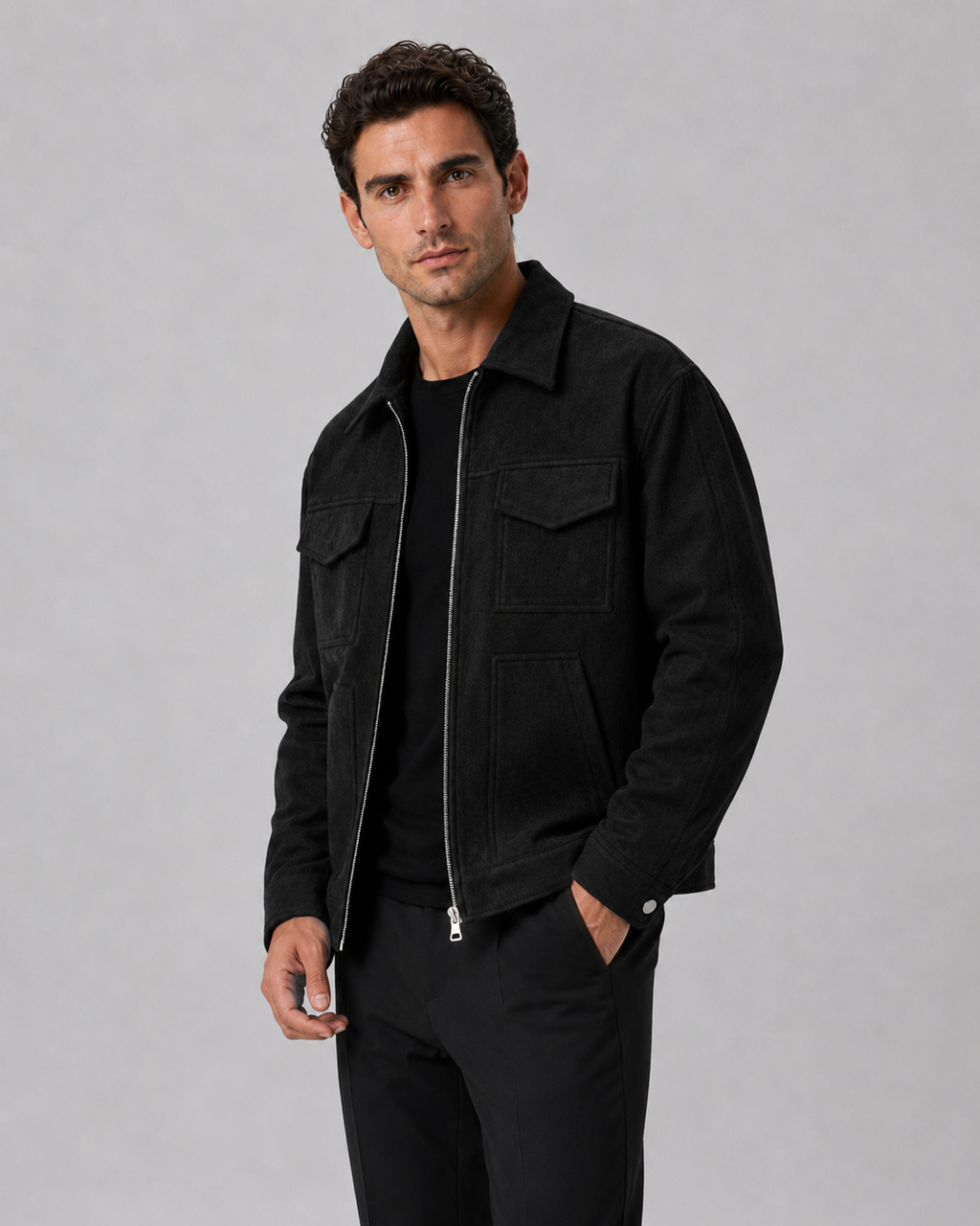 Men's textured collared zip jacket with flap pockets and long sleeves