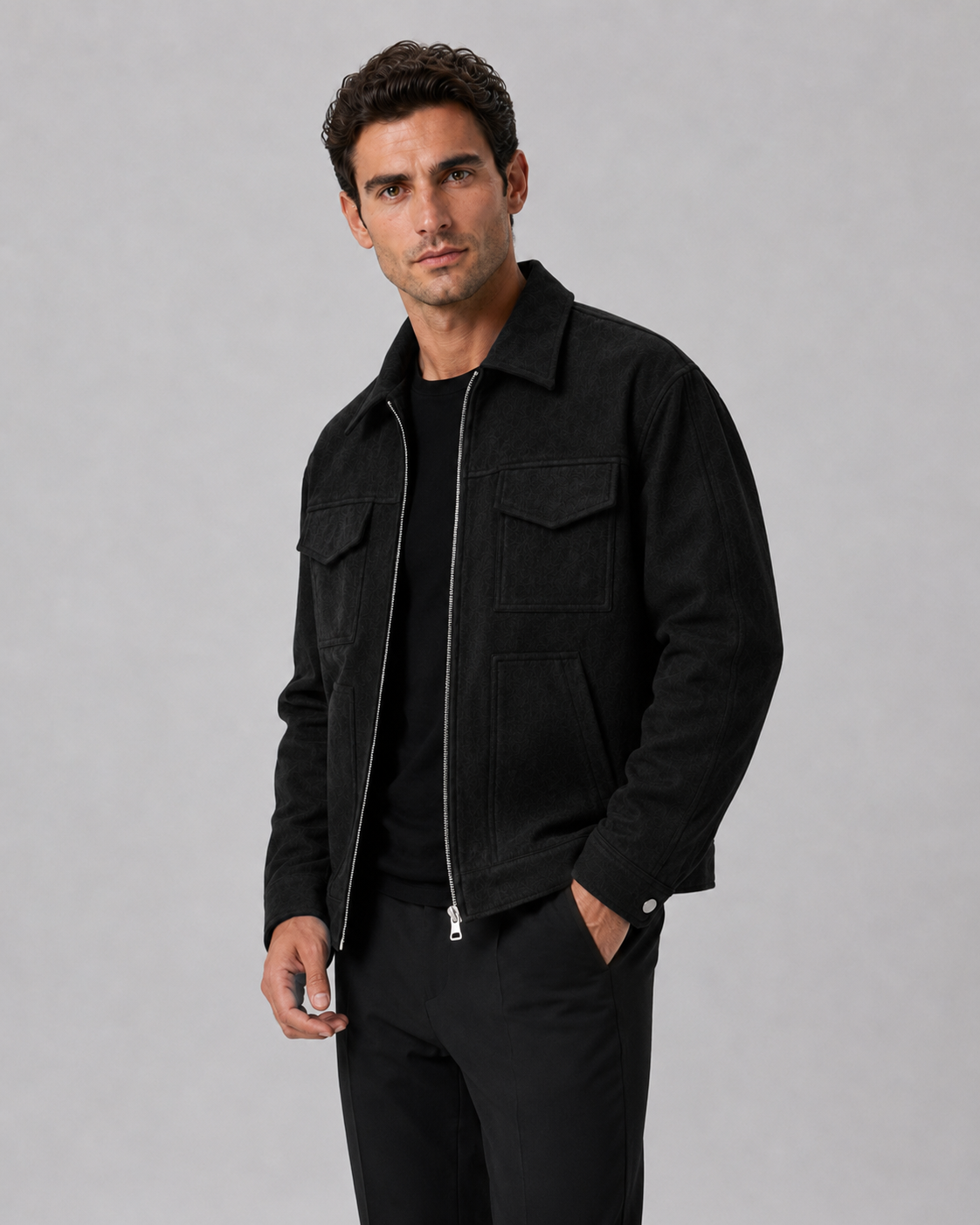 Men's textured collared zip jacket with flap pockets and long sleeves