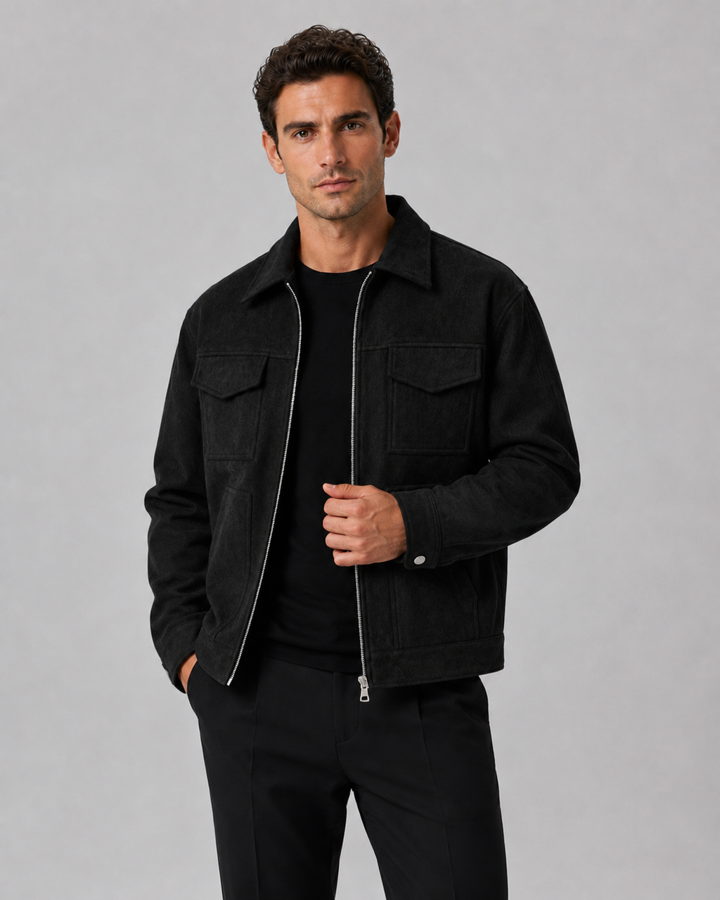 Men's textured collared zip jacket with flap pockets and long sleeves